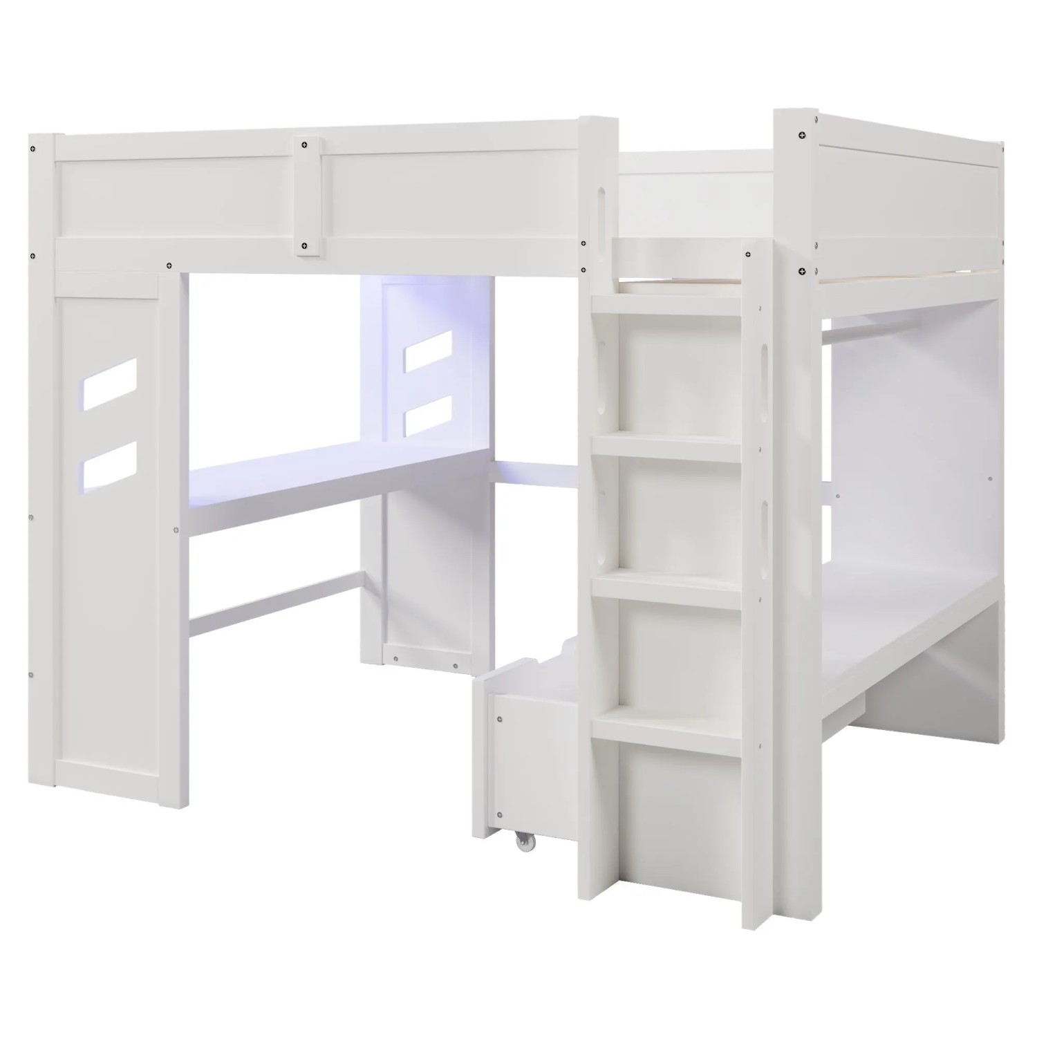 okwish Hochbett 140x200cm mit Schreibtisch und LED Beleuchtung Weiß ohne Matratze