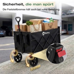 Schwarzer Sekey Bollerwagen, faltbar, mit Einkäufen beladen, Bremse aktiviert.