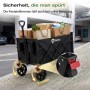 Schwarzer Sekey Bollerwagen, faltbar, mit Einkäufen beladen, Bremse aktiviert.