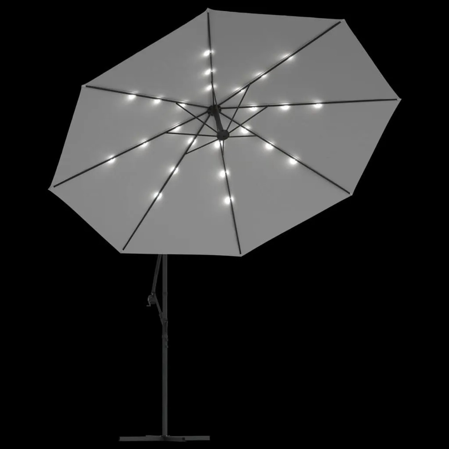 Sandweißer Ampelschirm mit leuchtender LED-Beleuchtung und Metall-Mast, 350 cm, auf schwarzem Hintergrund.