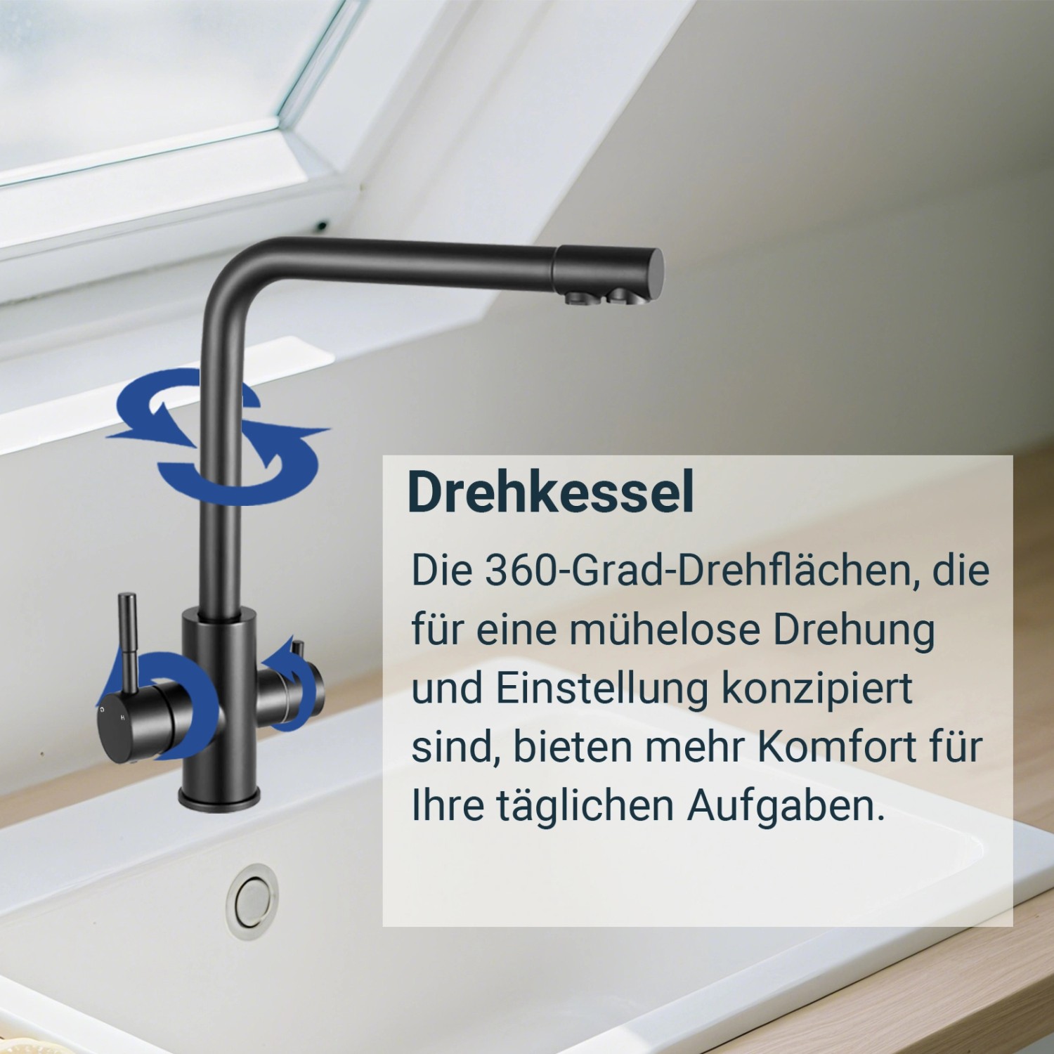 AICA Wasserhahn Schwarz Küche Spültischarmatur 3-Wege mit Trinkwasserfilter 2-Hebel Design für Doppelspülen 360° Schwenkbar_6
