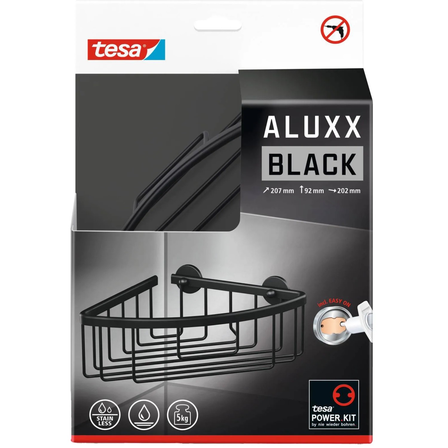 Tesa Aluxx Eckduschkorb, schwarz matt, zur Wandmontage ohne Bohren.