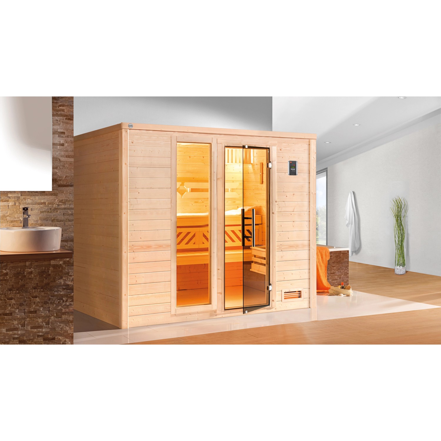 Weka Massivholzsauna Bergen 3 Sparset 9 kW OS Glastür/Fenster günstig online kaufen