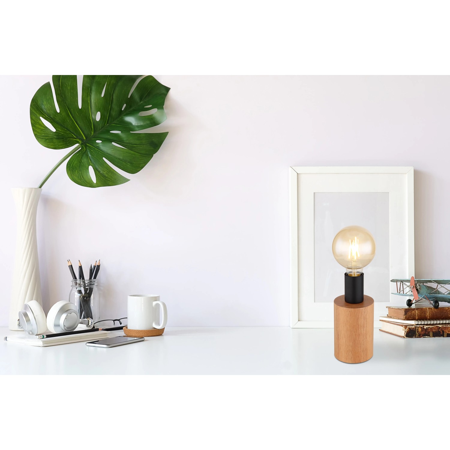 INSPIRE Tischlampe VENOSA – Naturholz & Metall Weiß | 45 Cm Hoch, E14 Fassung, Skandinavisches Design