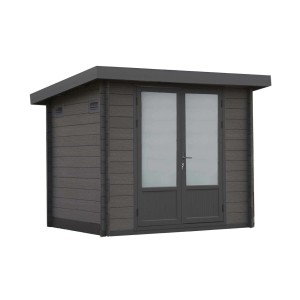 Graues Finnhaus Wolff WPC Gerätehaus Bella 2319 28 mit Doppeltür und Pultdach.