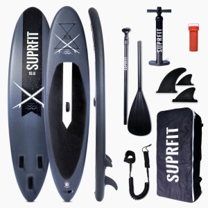 Suprfit SUP Stand-Up-Paddling Board Lailani 10'8 in Grau-Schwarz, komplett mit Paddel, Pumpe, Finnen und Rucksack.
