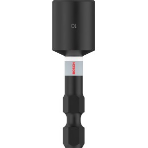 Schwarzer Bosch Pick and Click Impact Control Steckschlüssel SW10 mm, 50 mm, mit Sechskantschaft für Schlagschrauber.
