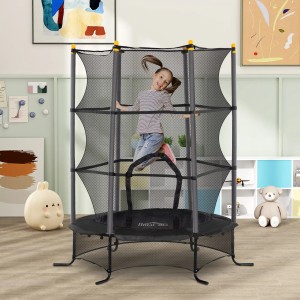 Schwarzes HOMCOM Kinder Trampolin Ø163cm mit Sicherheitsnetz und springendem Mädchen.