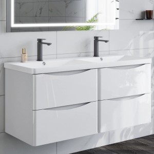 AICA Badmöbel-Set: 120 cm Waschtisch mit Unterschrank, hochglanz weiß, grifflos, Softclose Schubladen.