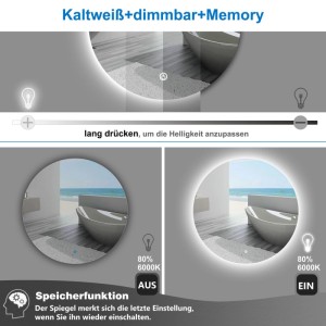 Runder Aica Sanitär Badspiegel 100 cm mit LED-Beleuchtung, Touch-Schalter, dimmbar und Memory Funktion.
