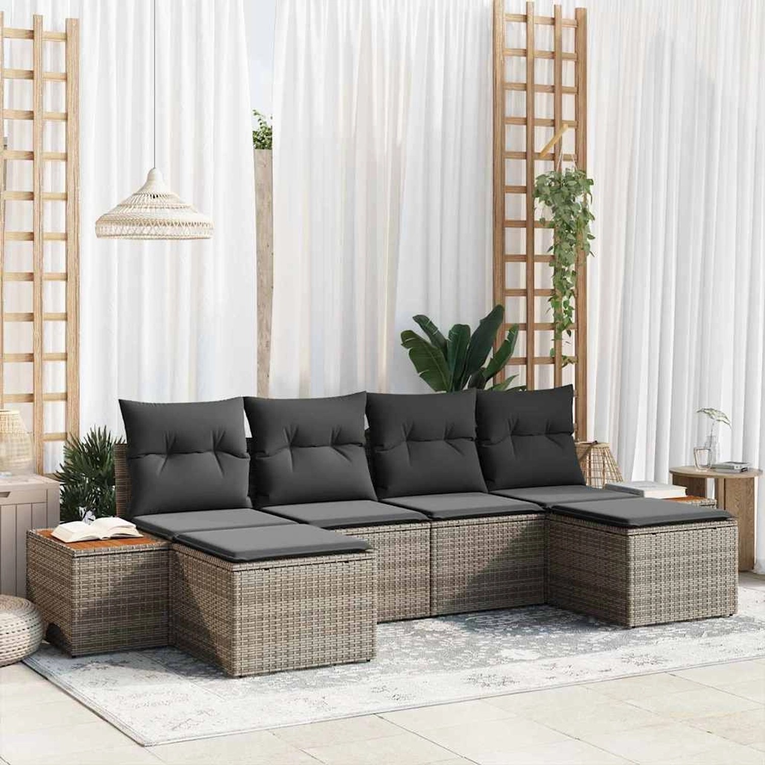 Graues 6-tlg. vidaXL Garten-Sofa-Set aus Poly Rattan mit Kissen.