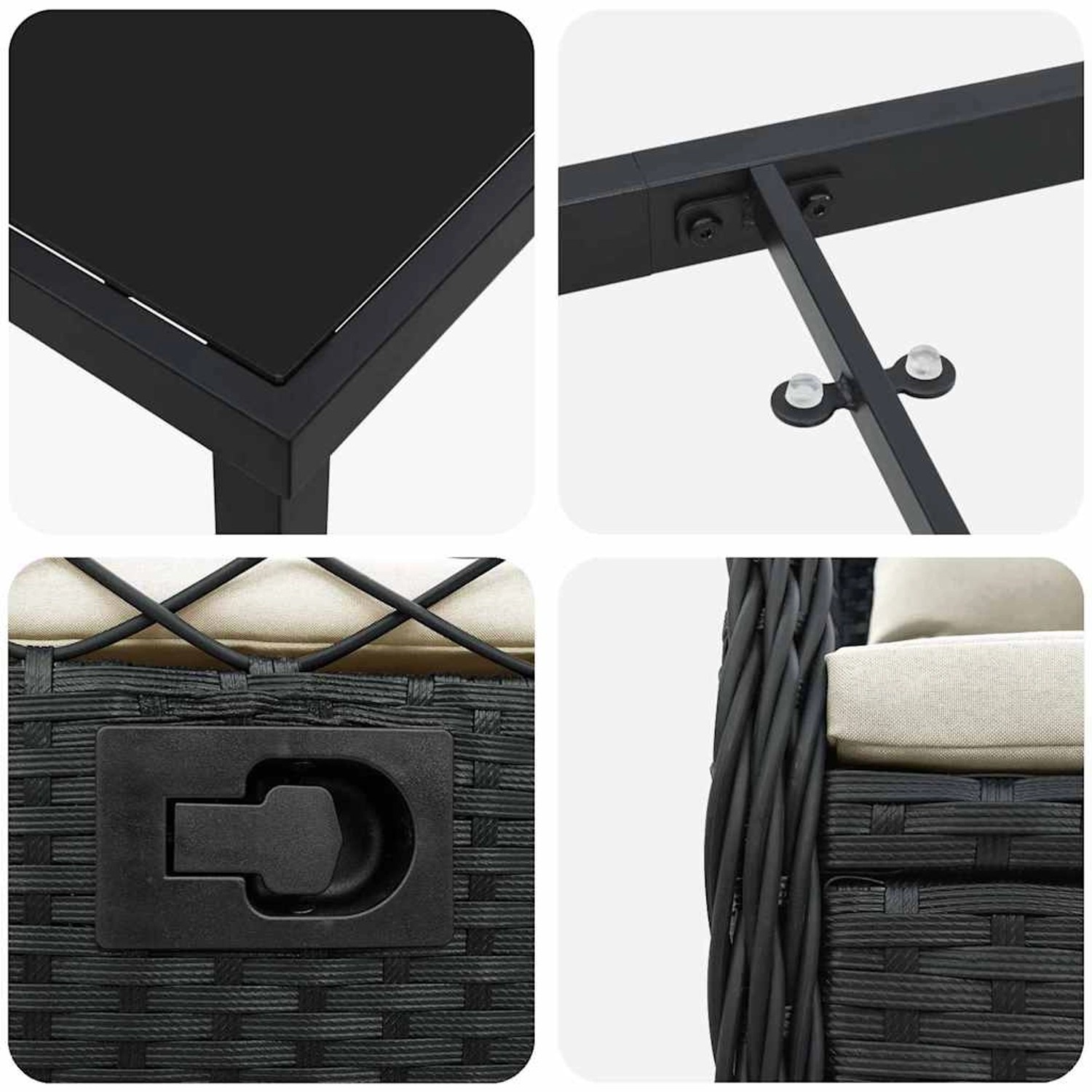 Detailansichten der vidaXL Garten Essgruppe, 5-tlg, schwarz, Poly Rattan: Tischplatte, Gestell, Stuhlgeflecht, Rückenlehne.