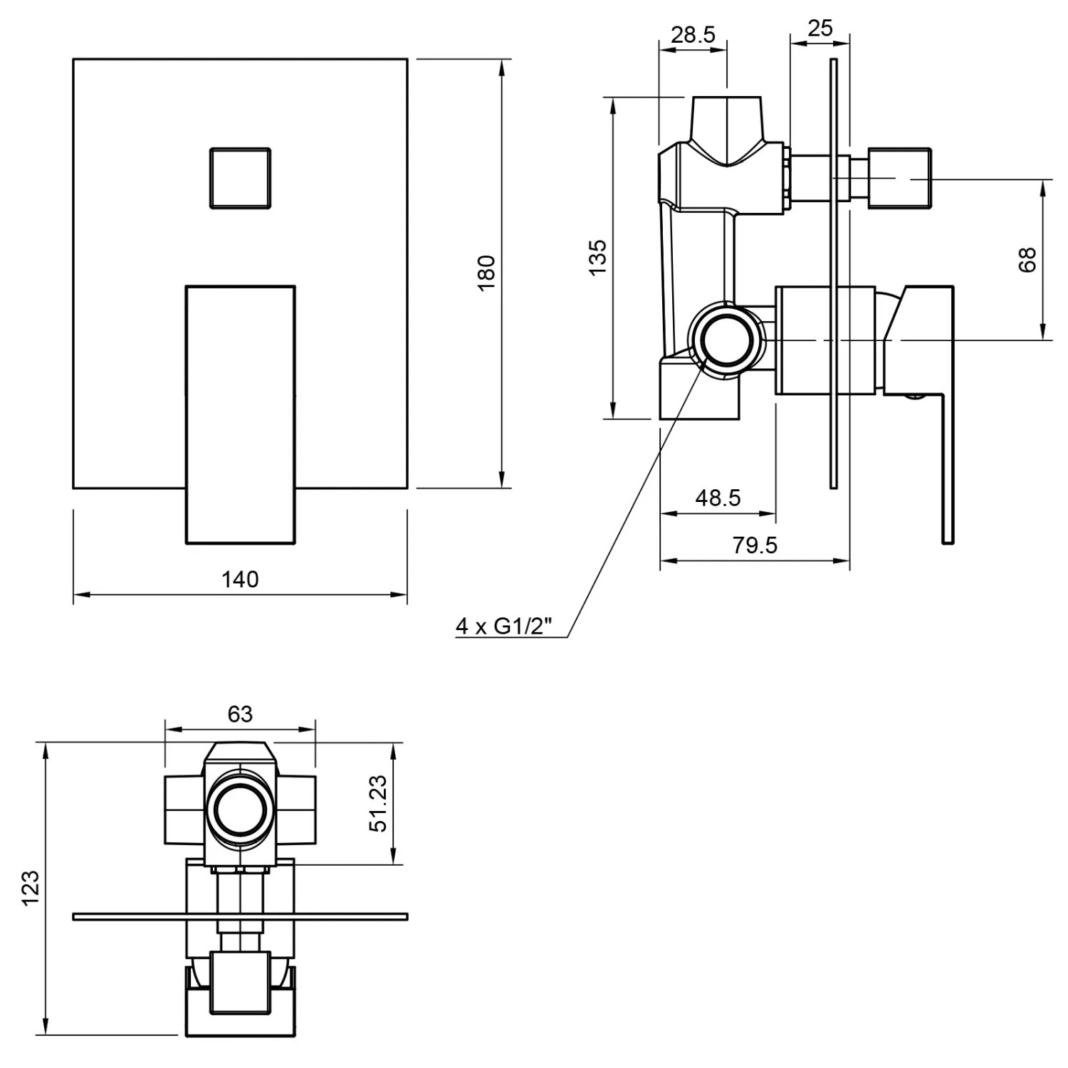 Technische Zeichnung: PaulGurkes Unterputz Duschset mit Maßen für Installation.