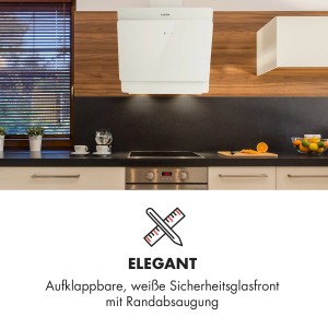Weiße Klarstein Aurica 60 Dunstabzugshaube mit Glasfront und LED-Beleuchtung in moderner Küche.