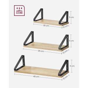 Vasagle Wandregal 3er Set in Eiche und Schwarz mit Größenangaben.