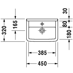 Technische Zeichnung: Duravit Starck 3 Handwaschbecken, 45 cm, weiß, mit Hahnloch und Überlauf.
