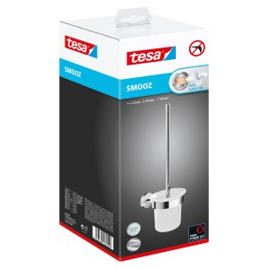 Verpackung der Tesa WC-Bürstengarnitur Smooz, verchromt, mit Klebelösung. WC-Bürste sichtbar.
