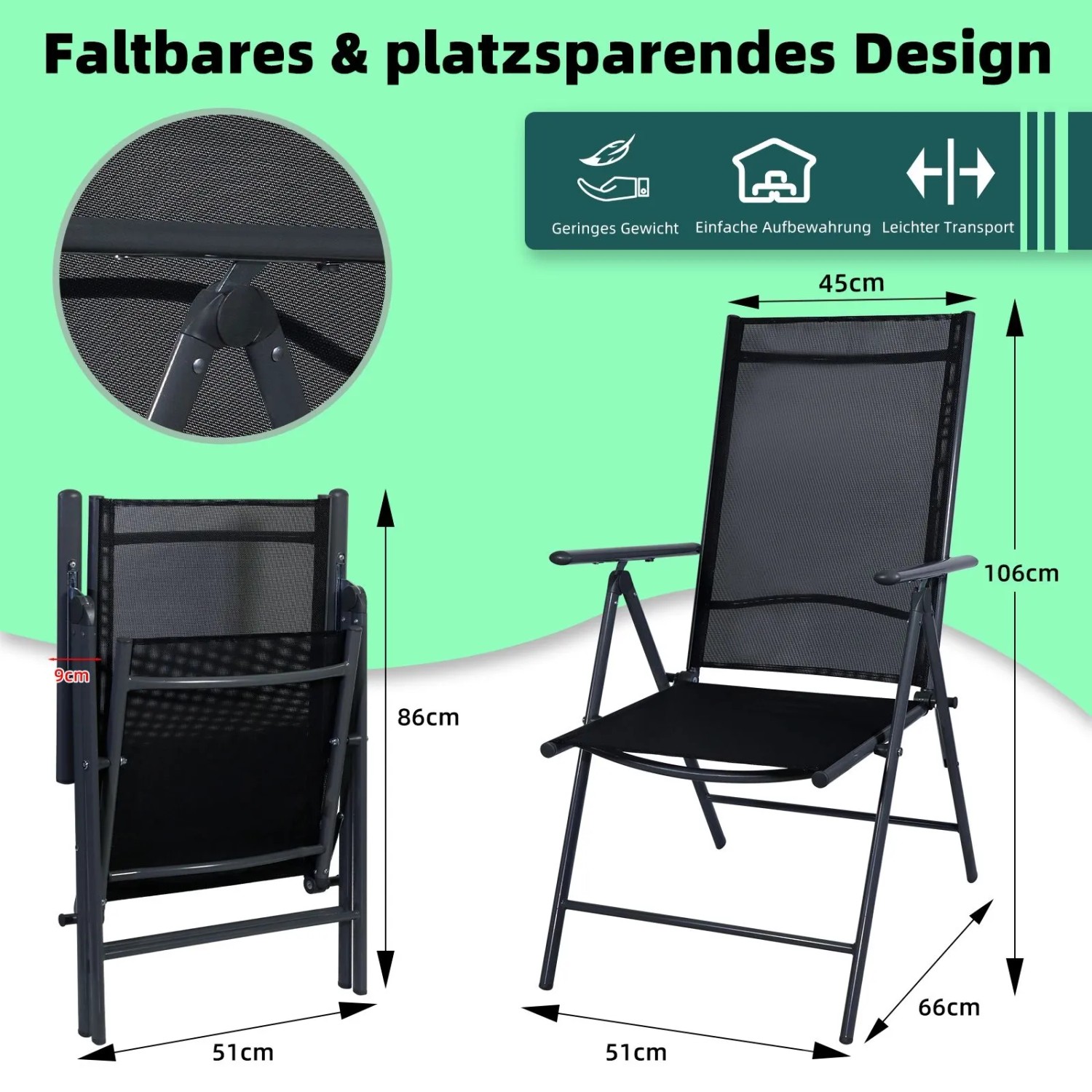 CCLIFE Gartenstuhl Hochlehner Balkonstuhl 2er Set Klappbar 7 Fach Verstellbar Bis 150kg Dunkelgrau_4