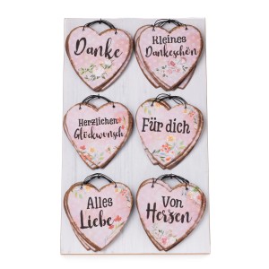 Deko-Schild zum Hängen, 6-fach sortiert, rosa Herzschilder mit verschiedenen Botschaften.