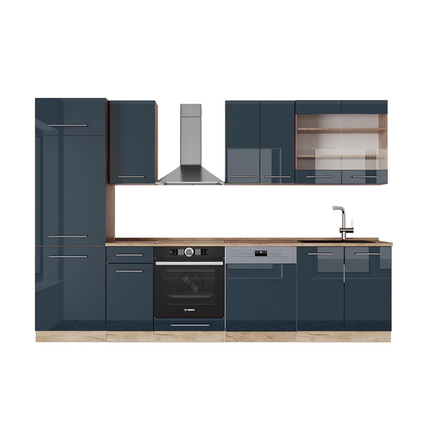 Vicco Fame-Line Küchenzeile Dunkelblau Hochglanz/Goldkraft Eiche 300 cm ohn günstig online kaufen