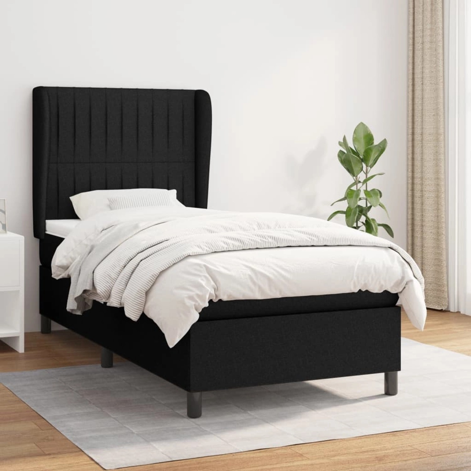 Schwarzes vidaXL Boxspringbett (90x200 cm) mit Matratze und Stoffbezug.