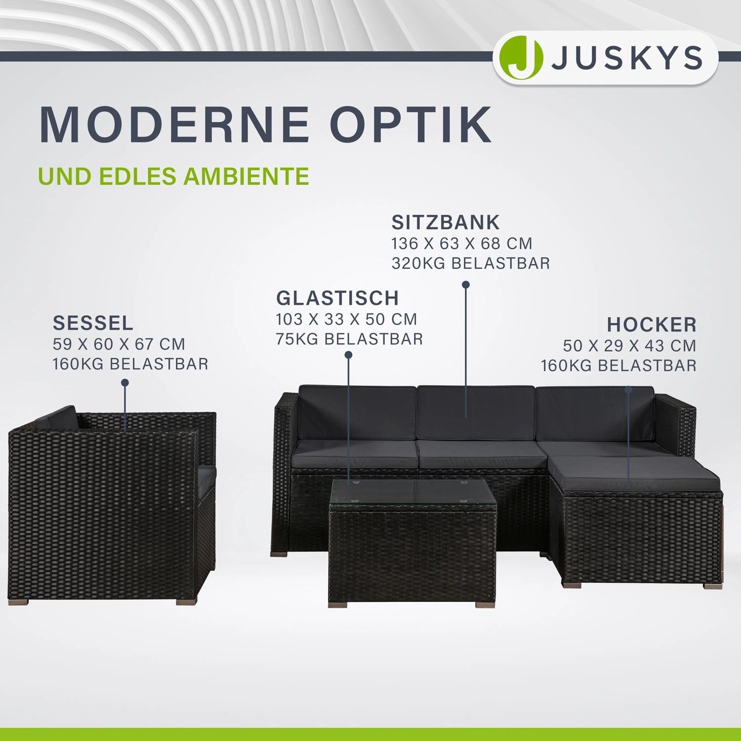 Juskys Polyrattan Lounge Punta Cana L, schwarz mit dunkelgrauen Bezügen. Gartenmöbel-Set mit Sofa, Tisch und Hocker.