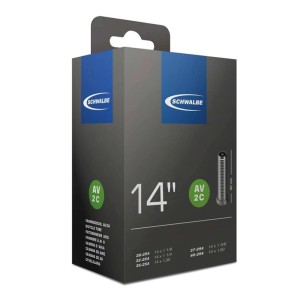 Schwalbe Fahrradschlauch AV 2C 14 Zoll in Verpackung. Hochwertiger Schlauch mit 40mm Autoventil für Reparatur.