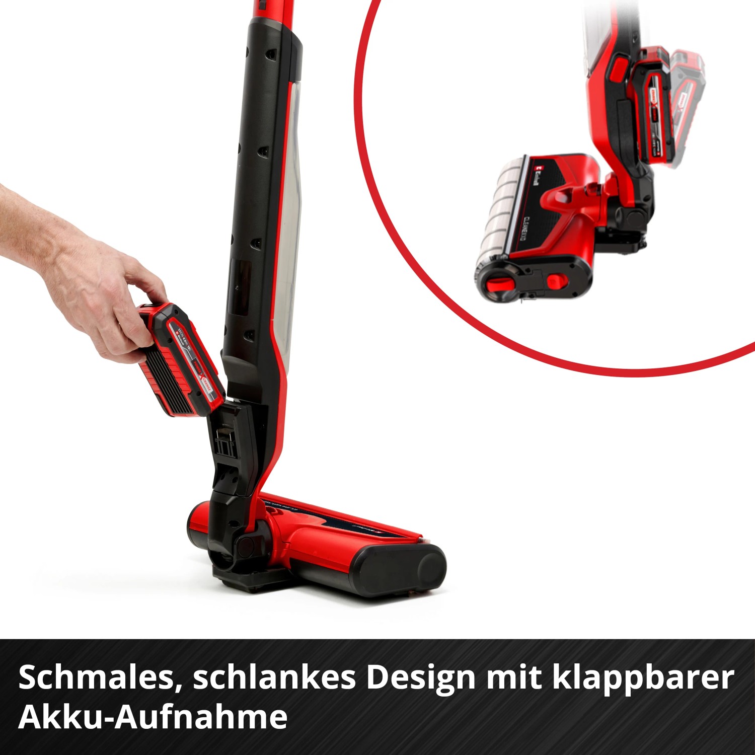 Einhell Akku-Hartbodenreiniger Cleanexxo mit eingesetztem Akku und rotierender Bürste.