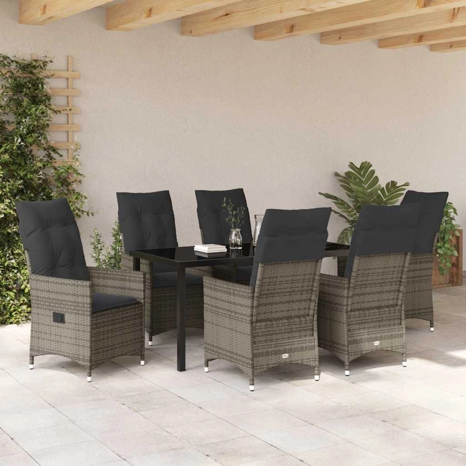 Graue 7-tlg. vidaXL Garten Essgruppe aus Polyrattan mit Tisch und Stühlen mit Kissen.