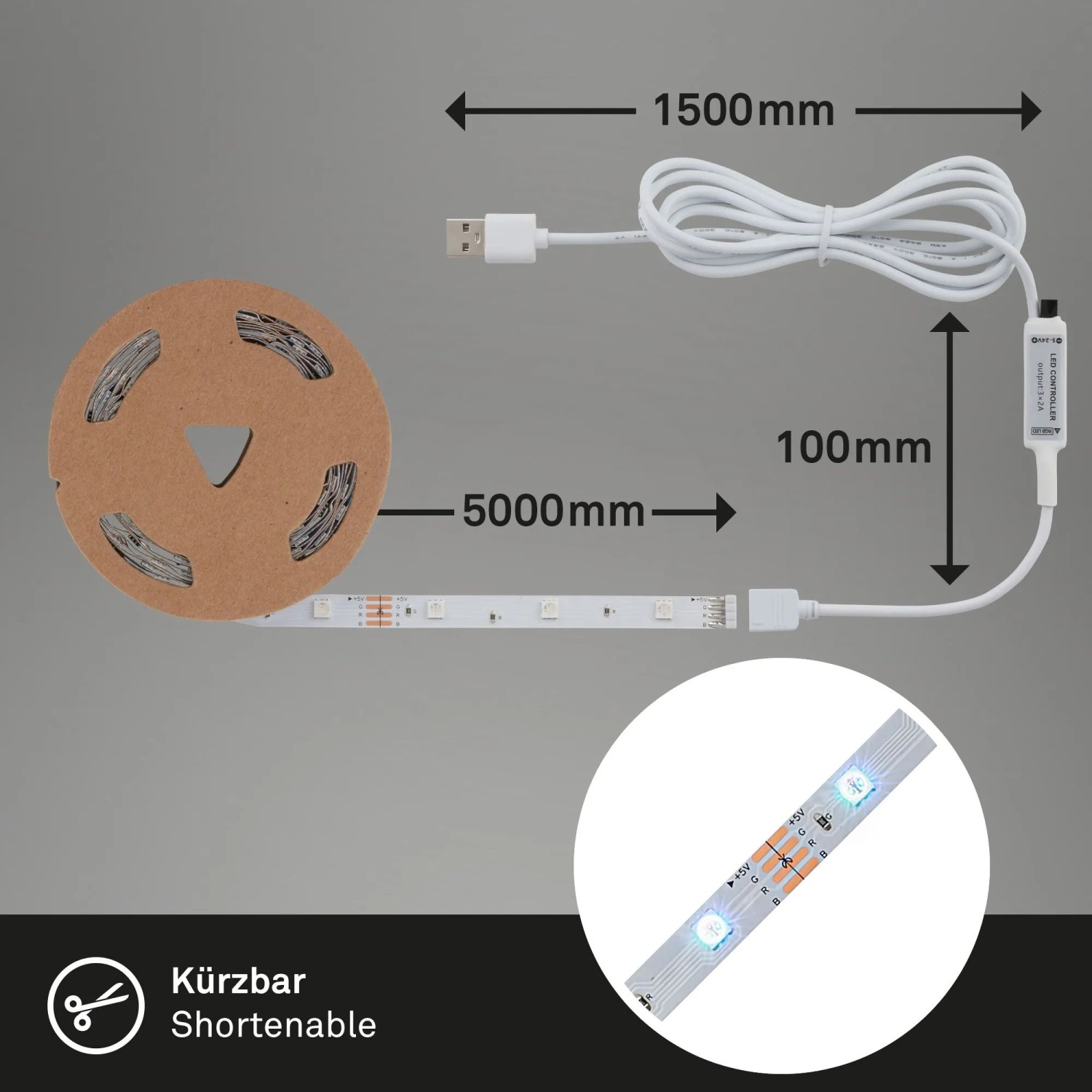 Brilo Wifi-LED-Strip RGB 5m mit USB, App- und Sprachsteuerung, kürzbar, auf Rolle mit Zubehör.