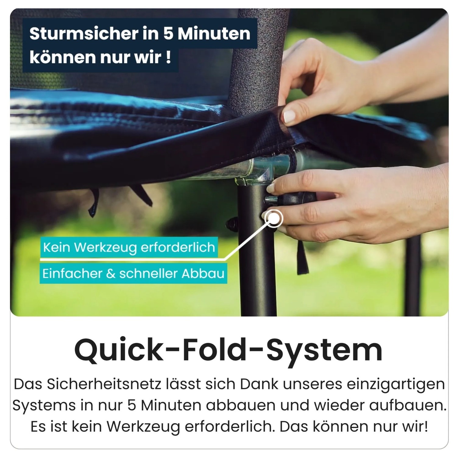 Detailaufnahme: Smartes Klappnetz des Zero Gravity Trampolins für schnellen Auf- und Abbau.