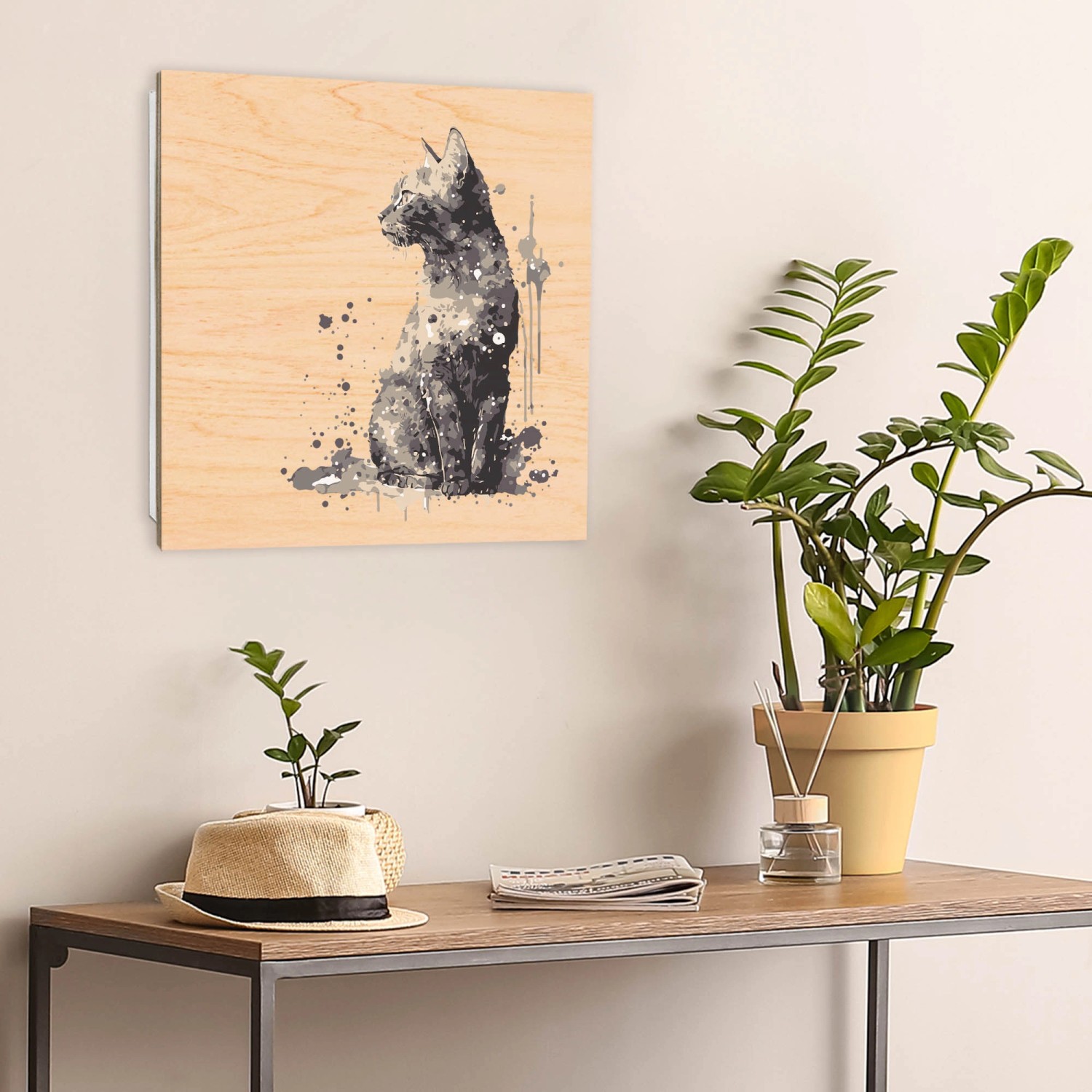 Banjado Schlüsselbox mit Aquarellkatze, 30x30cm, weiß. Schlüsselkasten mit 50 Haken, Scharnier rechts.