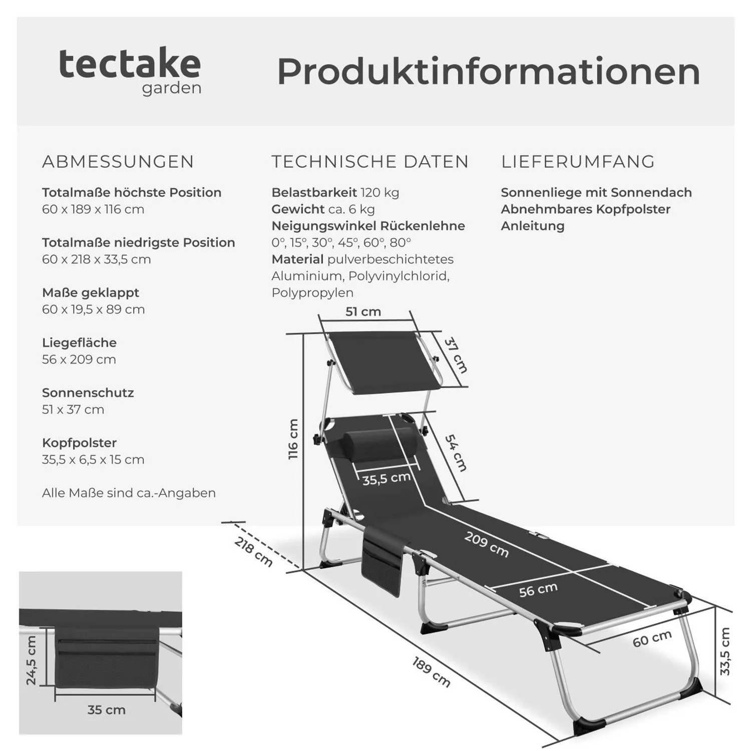 Tectake Aluminium Sonnenliege Aurelie Klappbar  Mit Kopfkissen Wetterfest und Uv Beständig  218 x 60 x 33 50 cm Schwarz_6