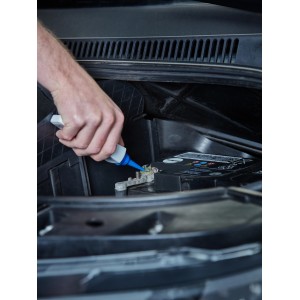 Anwendung von Polfett (50g Tube) auf Autobatterie zur Verbesserung der Leitfähigkeit.