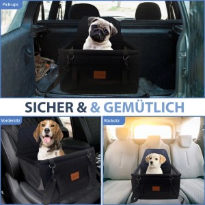 Schwarzer Petsation Hunde Autositz mit Mops, Beagle und Welpe im Auto. Sicher, bequem und vielseitig für Vordersitz, Rückbank oder Kofferraum.