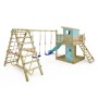 Wickey Spielturm Smart Surf mit Klettergerüst, Rutsche und Schaukel in Pastellblau.