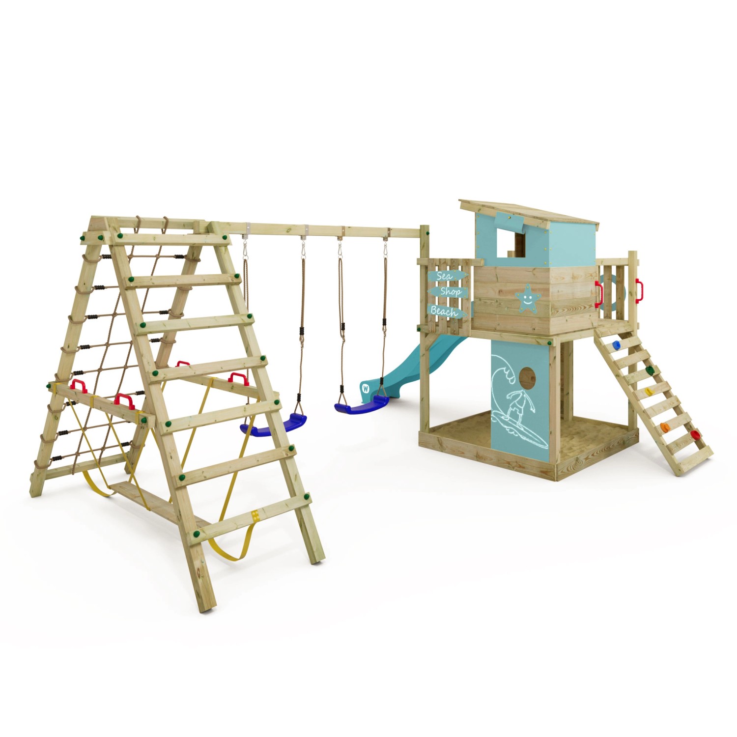 Wickey Spielturm Smart Surf mit Klettergerüst, Rutsche und Schaukel in Pastellblau.