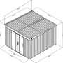 Skizze Gerätehaus Firstline Metall Pultdach Anthrazit 7,5 m² mit Doppeltür und Maßangaben.