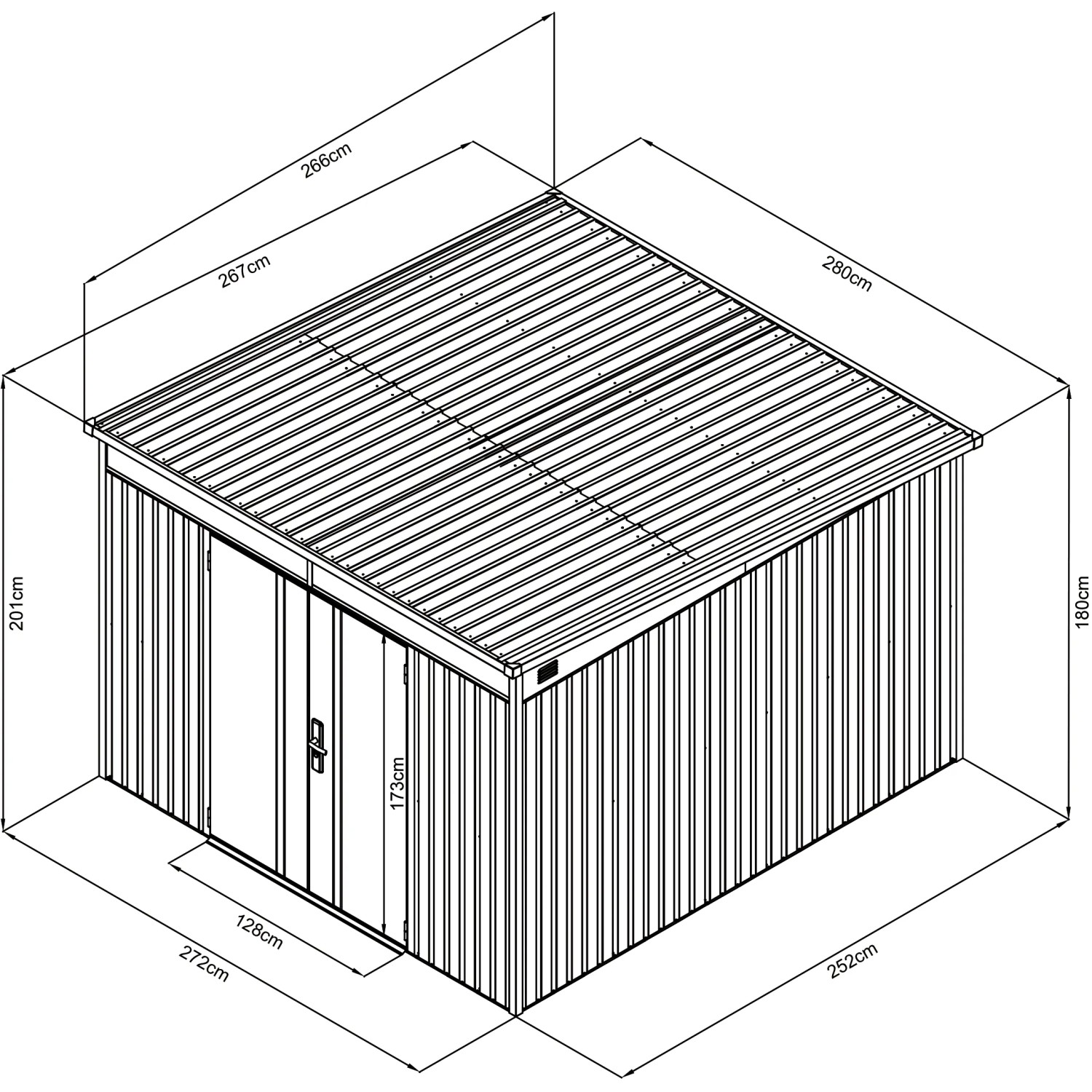 Skizze Gerätehaus Firstline Metall Pultdach Anthrazit 7,5 m² mit Doppeltür und Maßangaben.