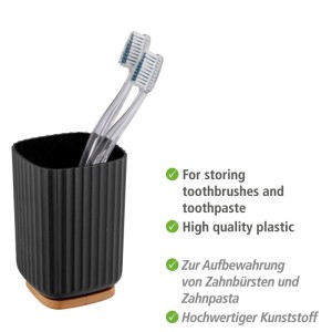 Schwarzer WENKO Rotello Zahnputzbecher aus geriffeltem Kunststoff mit Bambus-Boden, für Zahnbürsten im Bad.