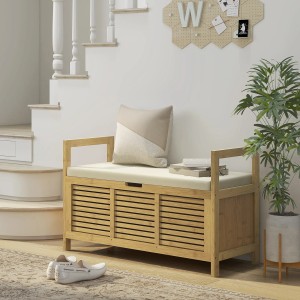 HOMCOM Sitzbank aus Bambus mit Klappdeckel und Schuhaufbewahrung, Naturholz.