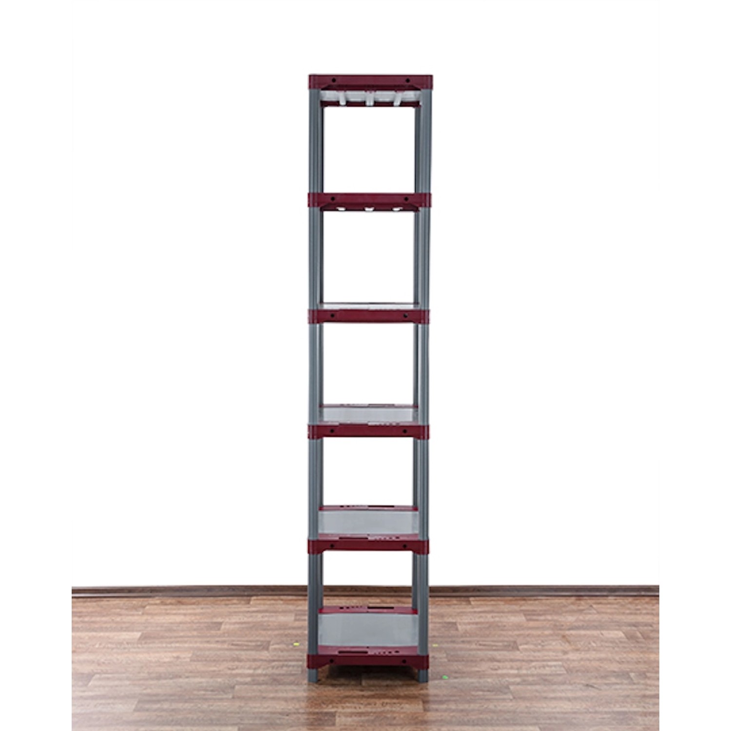 Hohes, graues Kunststoffregal mit 6 Böden, rot abgesetzt. PROREGAL Grey Bear.