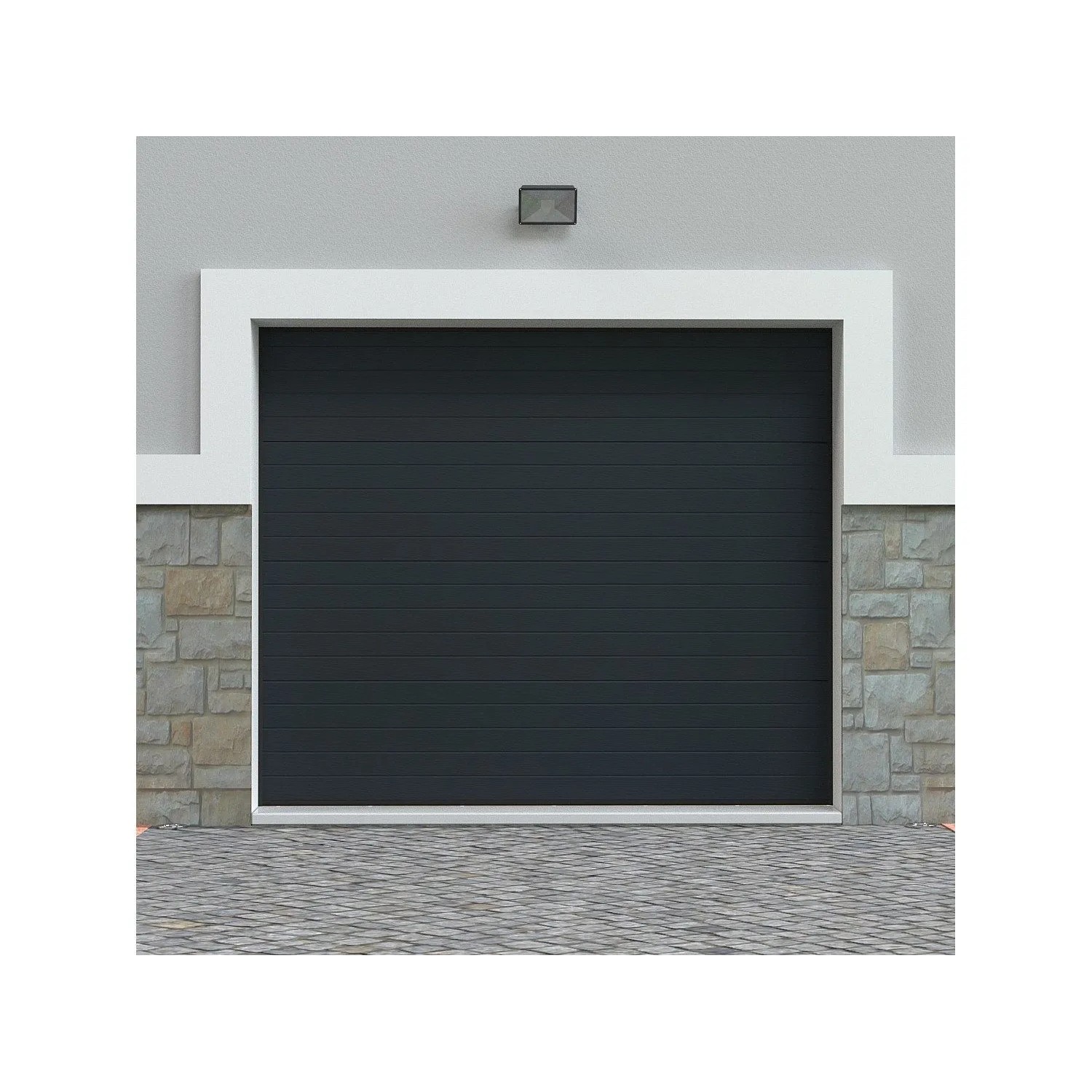 Anthrazitgraues Sektionaltor Noria, 243 cm, mit horizontalen Lamellen in moderner Garagenfassade.