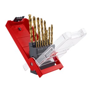 Einhell Titan-Metallbohrer-Set, 19-teilig, in roter Kassette mit transparentem Deckel.