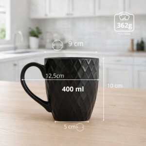 BigDean 6 Kaffeebecher 400 ml Schwarze Kaffeetassen Steingut Waffeldesign