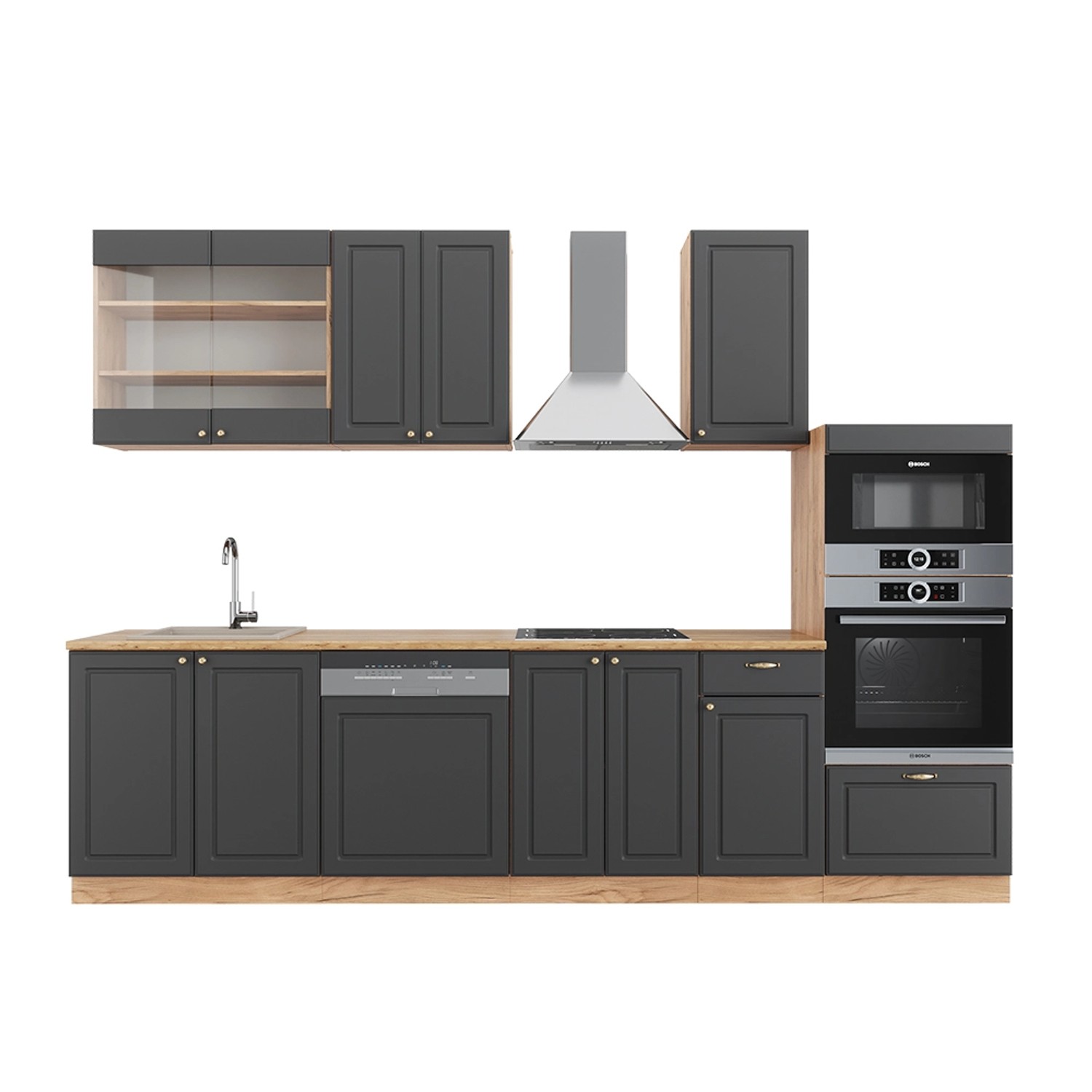 Vicco Fame-Line Küchenzeile Anthrazit Landhaus/Goldkraft Eiche 300 cm mit H günstig online kaufen