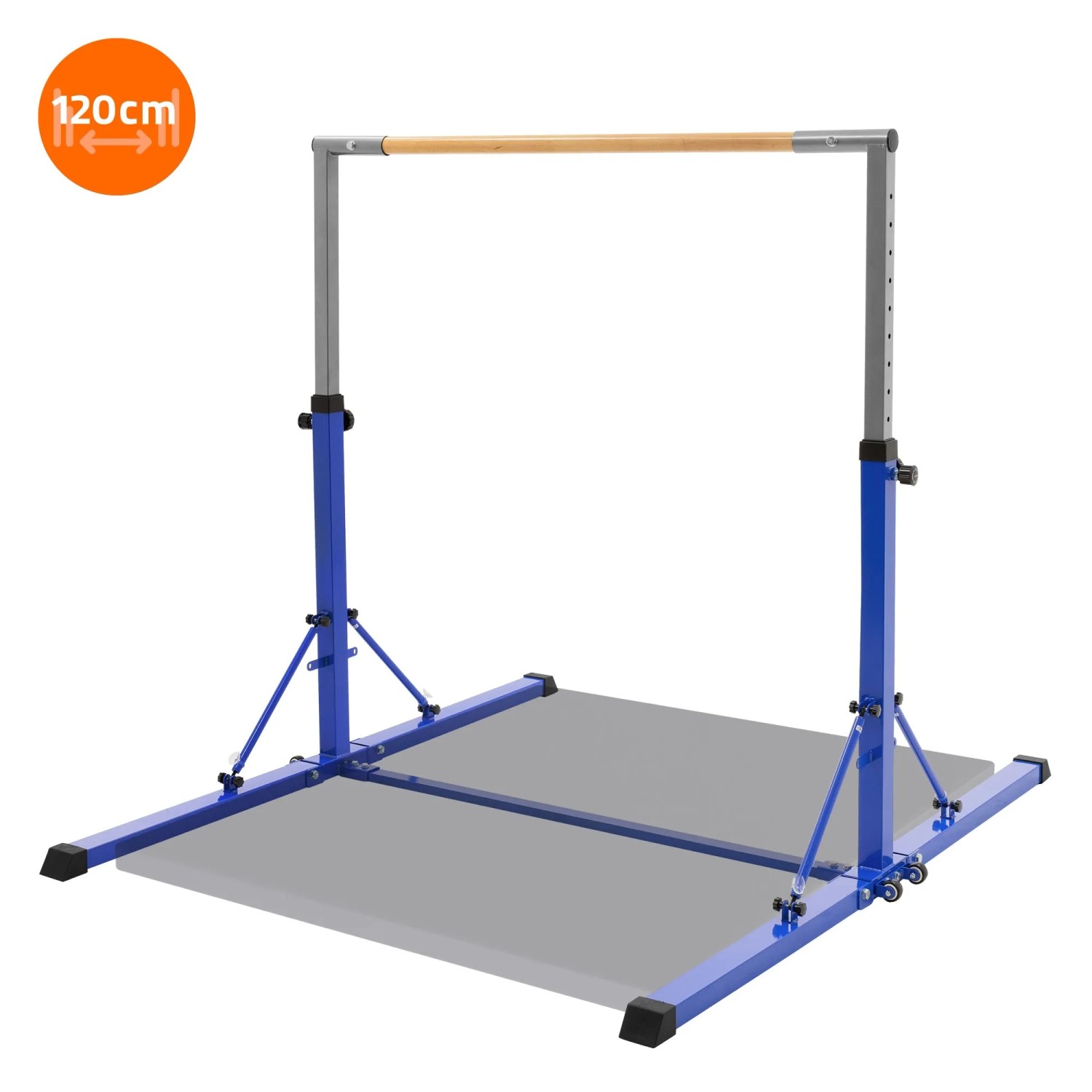 Blaues, faltbares Hauki Gymnastik Turnreck mit höhenverstellbarer Holzstange für Kinder, 120cm hoch.
