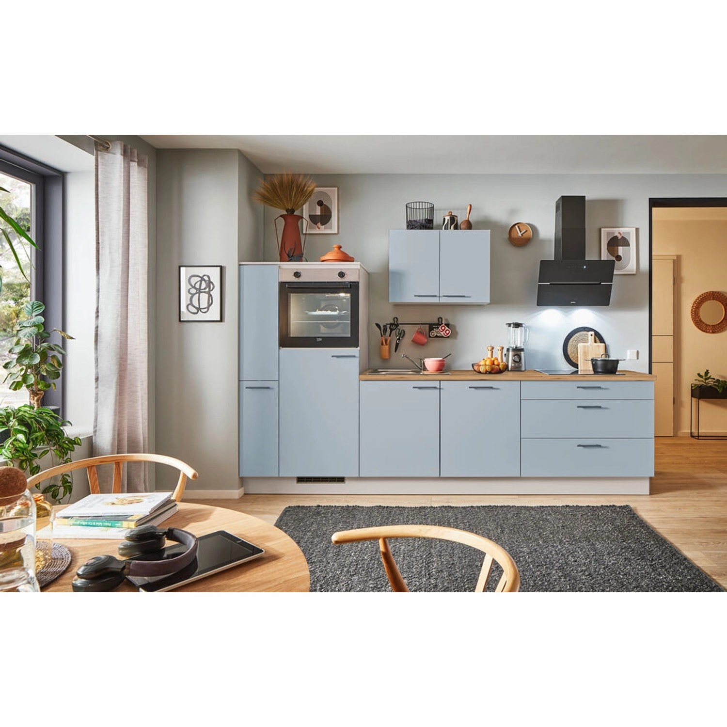 pino Küchenzeile 300 cm Pastellblau Anschlag,inks 1 Geräte-, 1 Apothekerschrank