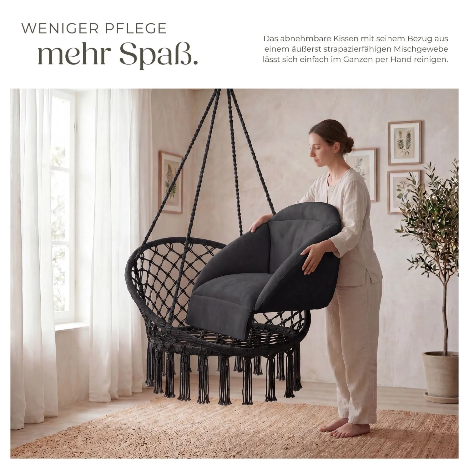 Tectake Hängesessel Samira Mit Dickem Sitzkissen Stabile Halteseile 81 x 80 x 139 cm Schwarz_7