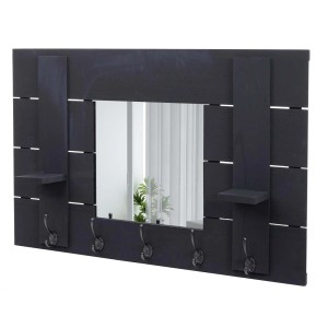 Dunkelgraue MCW Wandgarderobe C89 im Shabby-Look mit Spiegel, Ablagen und Haken.